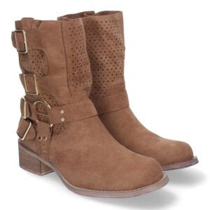 Botines Camel mujer tacón con caña calada y doble hebilla