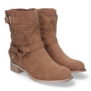 Botines Camel mujer tacón bajo con caña calada y hebilla