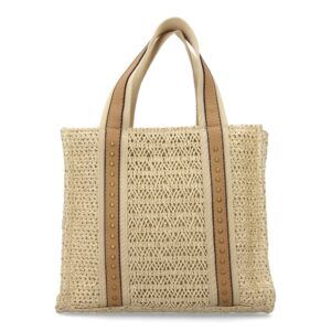 Bolso de hombro para mujer de rafia, diseño moderno con adornos metálicos.-Beige