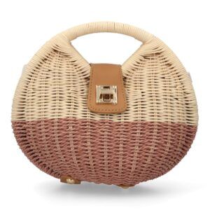 Bolso redondo de rafia para mujer-Rosa