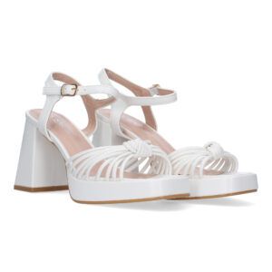 Sandalia de tacón ancho para mujer con tiras enredadas Blanco