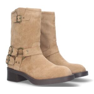 Botas moteras tacón bajo hebillas mujer color Beige