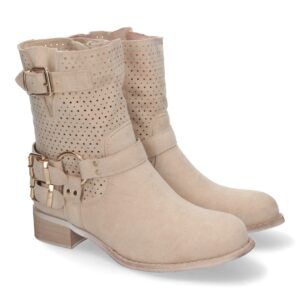 Botines de Mujer con Tacón Bajo y Adornos de Hebillas - Beige