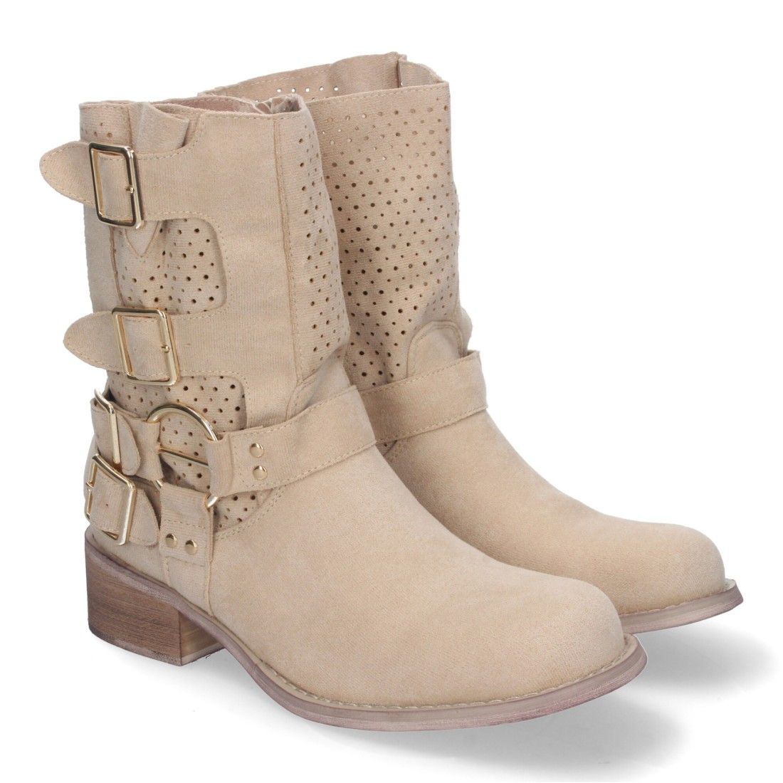 Botines de Mujer con Tacón Bajo y Adornos de Hebillas - Beige