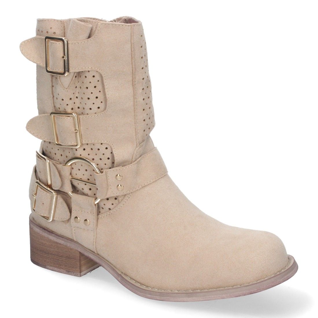 Botines de Mujer con Tacón Bajo y Adornos de Hebillas - Beige - Imagen 3