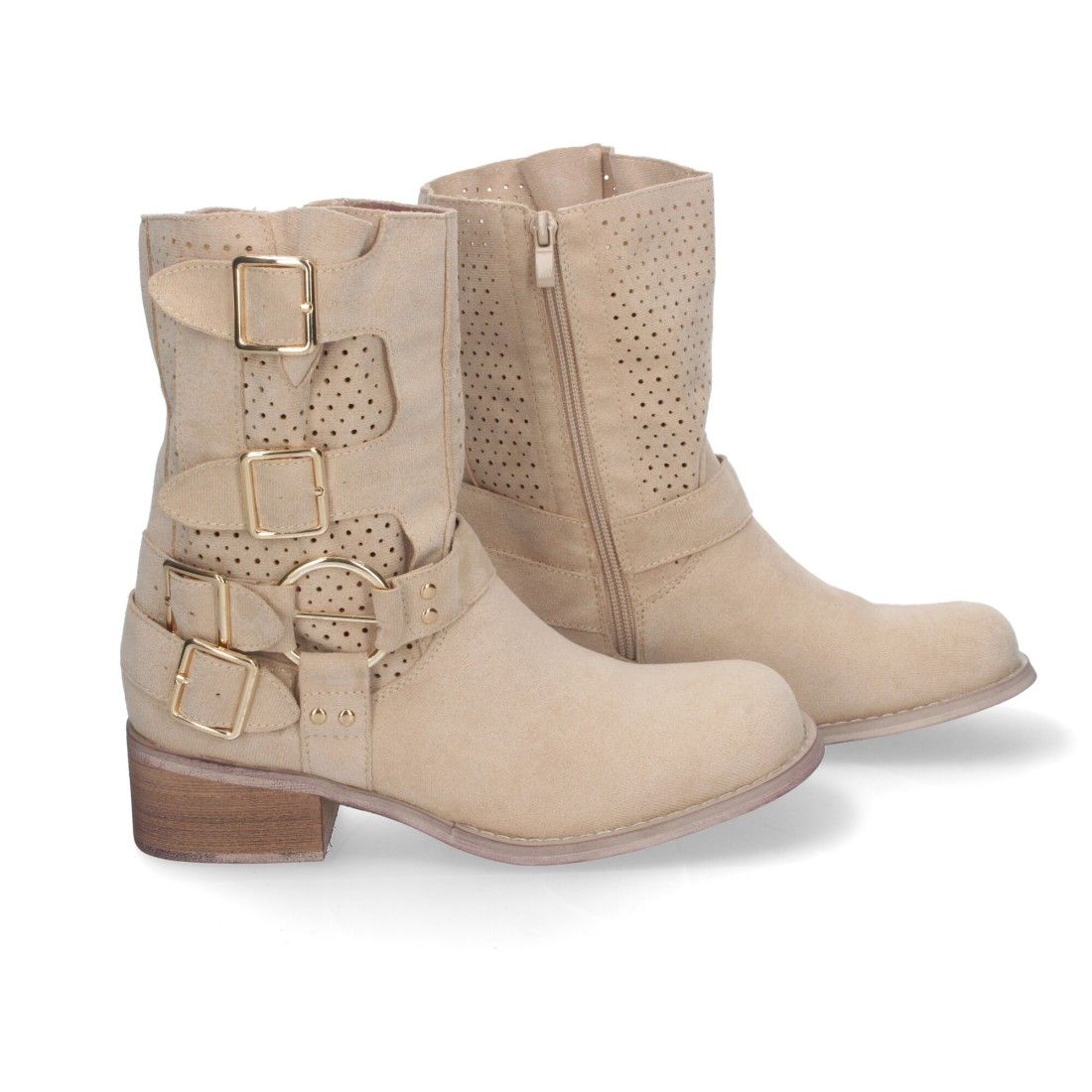 Botines de Mujer con Tacón Bajo y Adornos de Hebillas - Beige - Imagen 5
