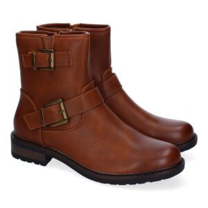 Botines Moteros para Mujer, Comodos y Elegantes, Detalles de Hebillas - Camel