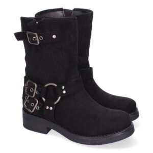 Botines de Mujer con Hebilla Metálica, Estilo Motero, Cómodas - Negro