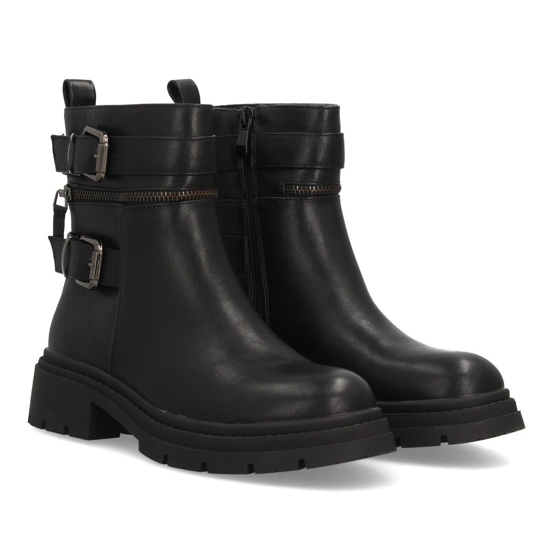 Botas moteras mujer con cremalleras y hebillas - Negro
