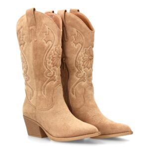 Bota cowboy de caña alta con bordados - Kaki