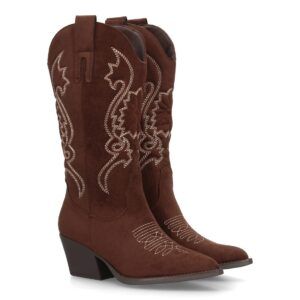 Bota cowboy de caña alta con bordados - Cafe