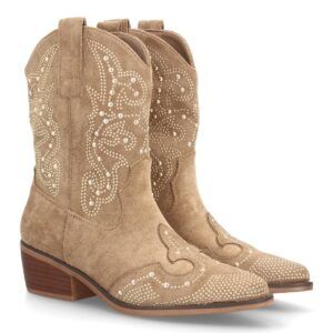Botín cowboy mujer caña media con tachuelas decorativas y tacón bajo