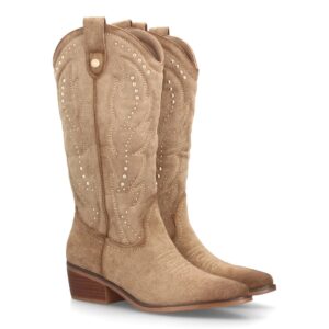 Botas cowboy mujer caña alta estilo western con tachuelas y tacón bajo
