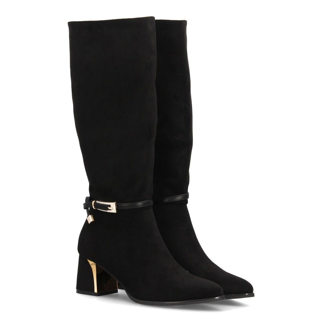 Botas altas elegantes con hebilla decorativa y tacón metálico