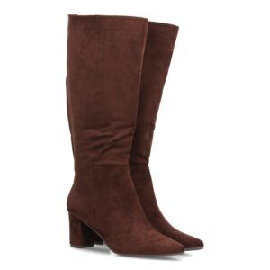 Botas altas elegantes de antelina con tacón ancho para mujer — FZ555 — Marrón