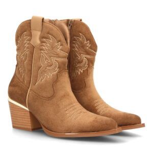 Botas cowboy bordadas con tacón ancho — VR6-3317 — Camel