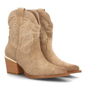 Botas cowboy bordadas con tacón ancho — VR6-3317 — Kaki