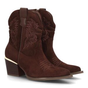 Botas cowboy bordadas con tacón ancho — VR6-3317 — Marrón