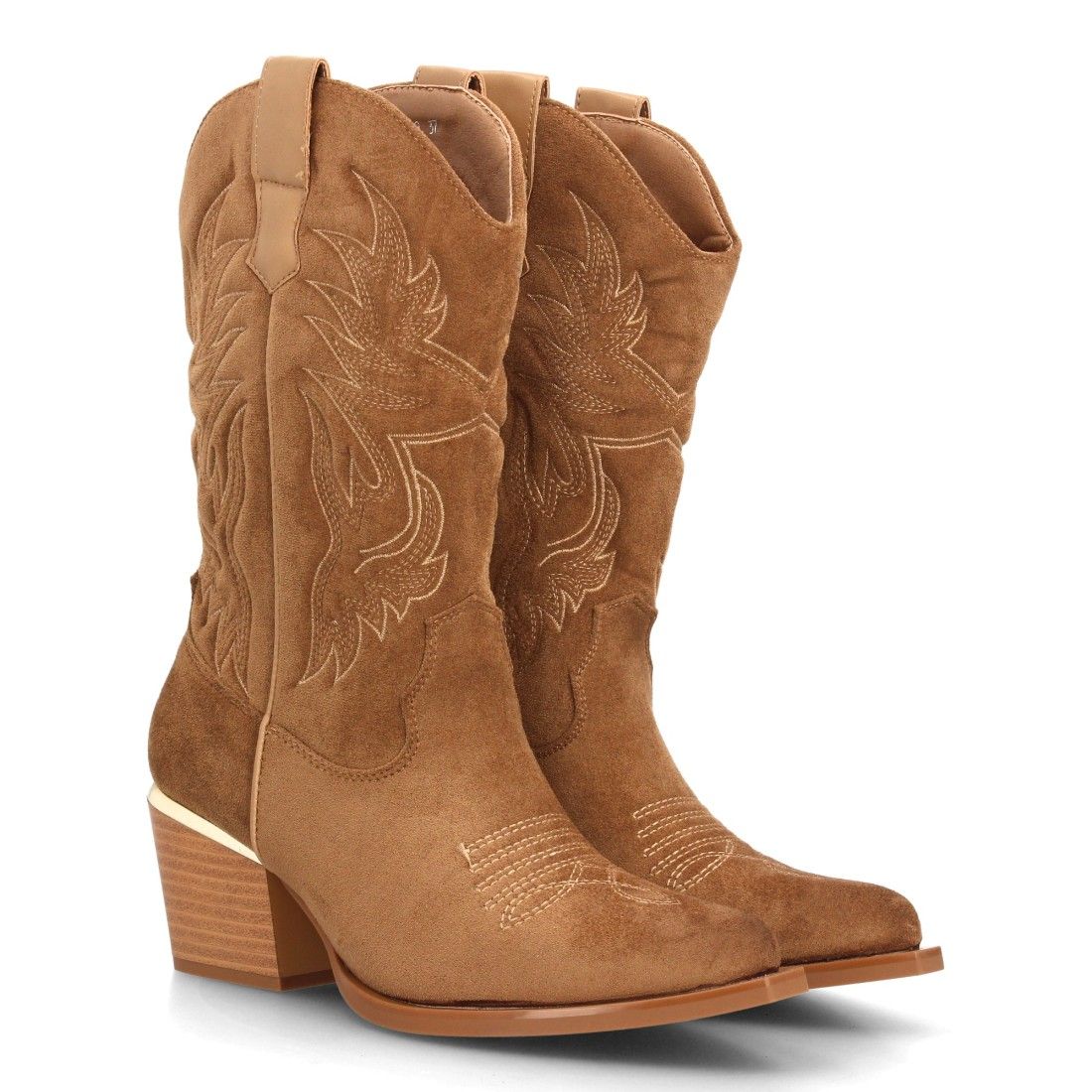 Botas cowboy bordadas con tacón ancho para mujer — VR6-3319 — Camel
