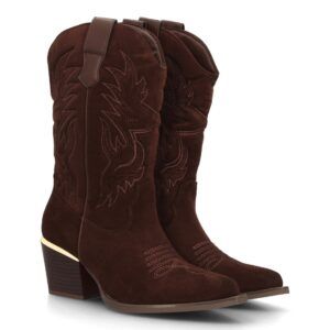 Botas cowboy bordadas con tacón ancho para mujer — VR6-3319 — Marrón