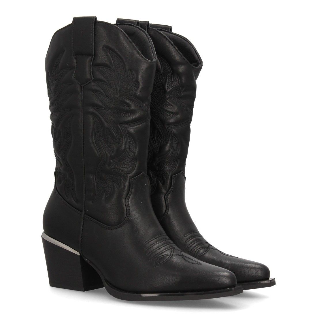 Botas cowboy bordadas con tacón ancho para mujer — VR6-3319 — Negro