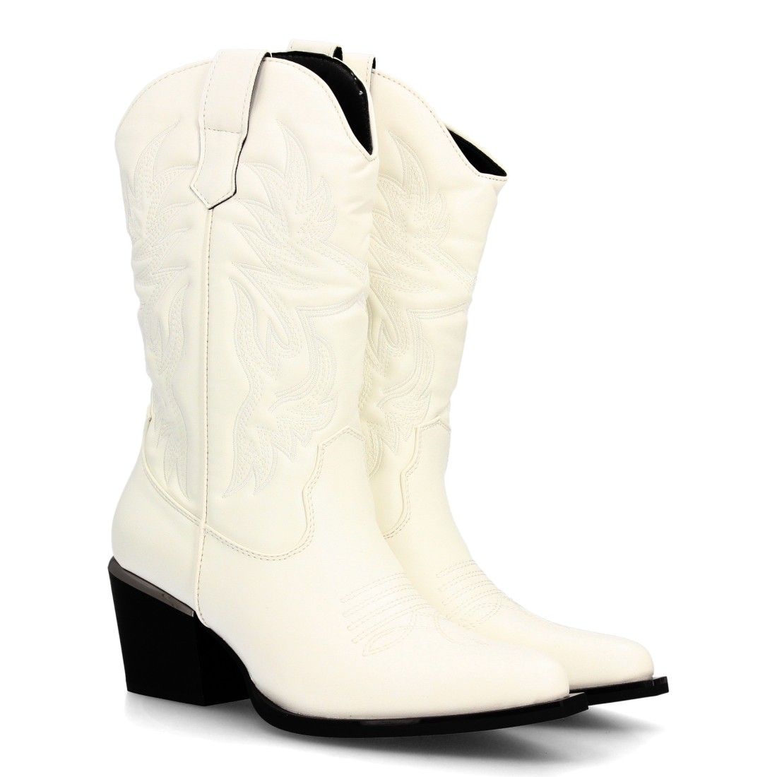 Botas cowboy bordadas con tacón ancho para mujer — VR6-3319 — Blanco