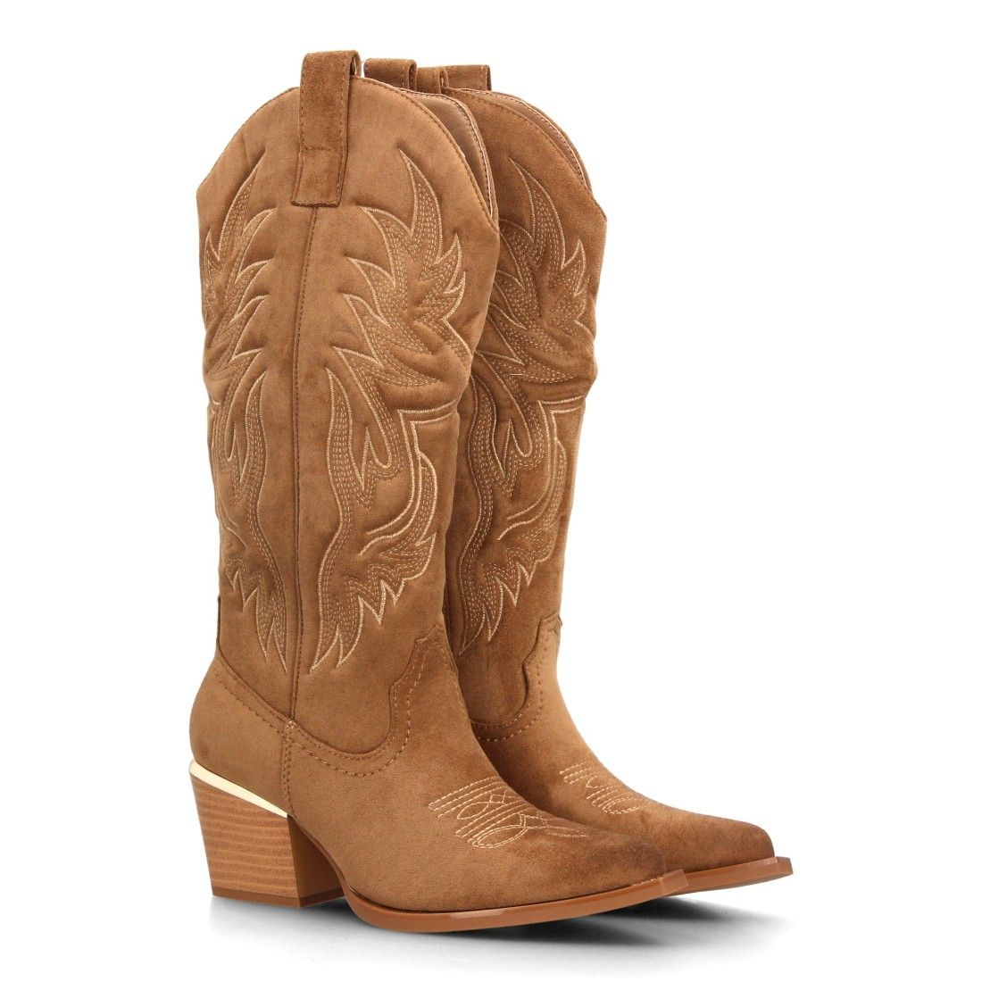 Botas altas cowboy tacón cómodo y detalle metálico — VR6-3320 — Camel