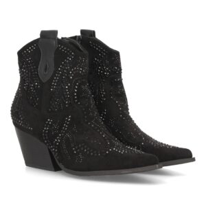 Botines cowboy con brillantes y tacón — 9676A — Negro
