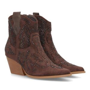 Botines cowboy con brillantes y tacón — 9676A — Marrón