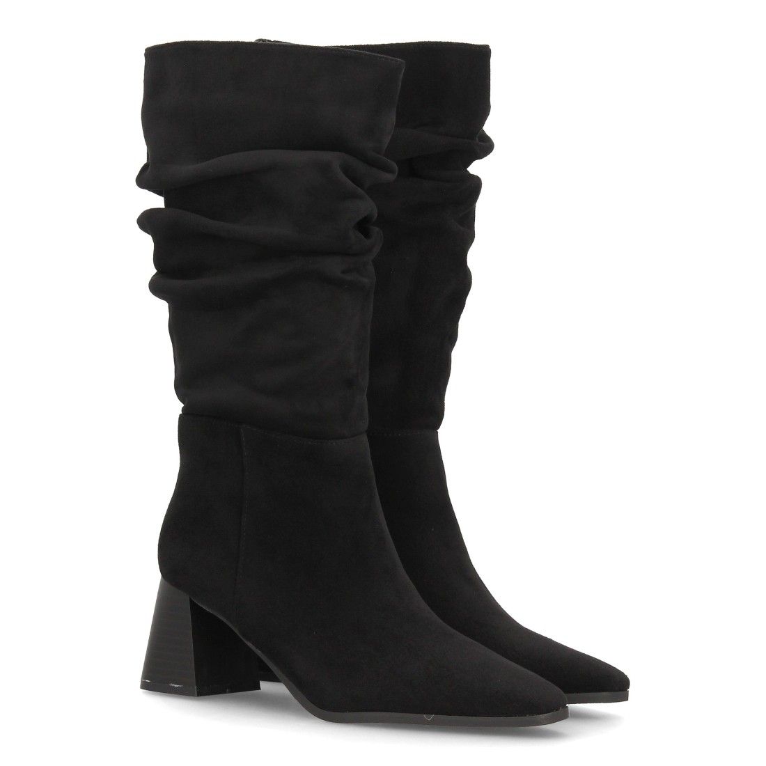 Botas fruncidas de tacón ancho para mujer — A-6017 — Negro
