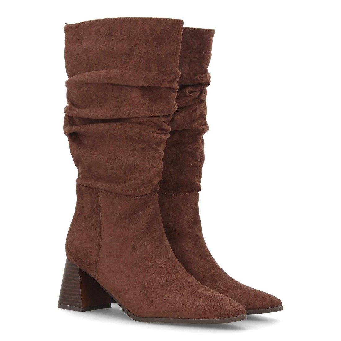Botas fruncidas de tacón ancho para mujer — A-6017 — Café
