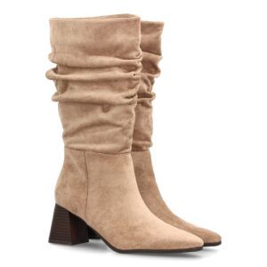 Botas fruncidas de tacón ancho para mujer — A-6017 — Kaki