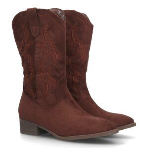 Botas cowboy bordadas de caña media para mujer — YG992 — Marrón