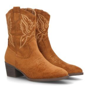 Botas cowboy bordadas con tacón ancho para mujer — YG987 — Camel