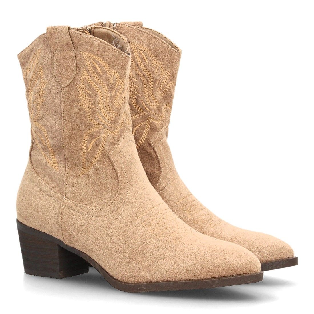 Botas cowboy bordadas con tacón ancho para mujer — YG987 — Kaki