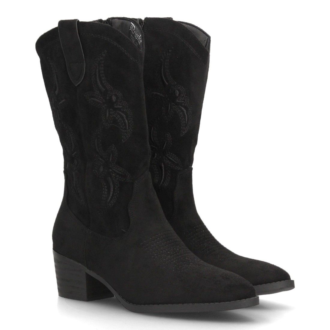 Botas cowboy bordadas con tacón ancho para mujer caña alta — YG991 — Negro