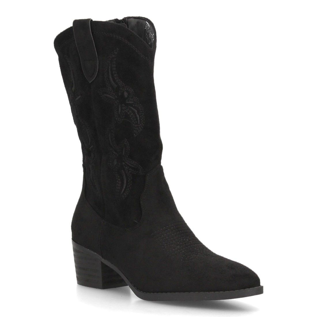 Botas cowboy bordadas con tacón ancho para mujer caña alta — YG991 — Negro - Imagen 3