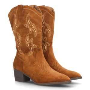 Botas cowboy bordadas con tacón ancho para mujer caña alta — YG991 — Camel