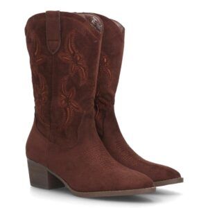 Botas cowboy bordadas con tacón ancho para mujer caña alta — YG991 — Marrón