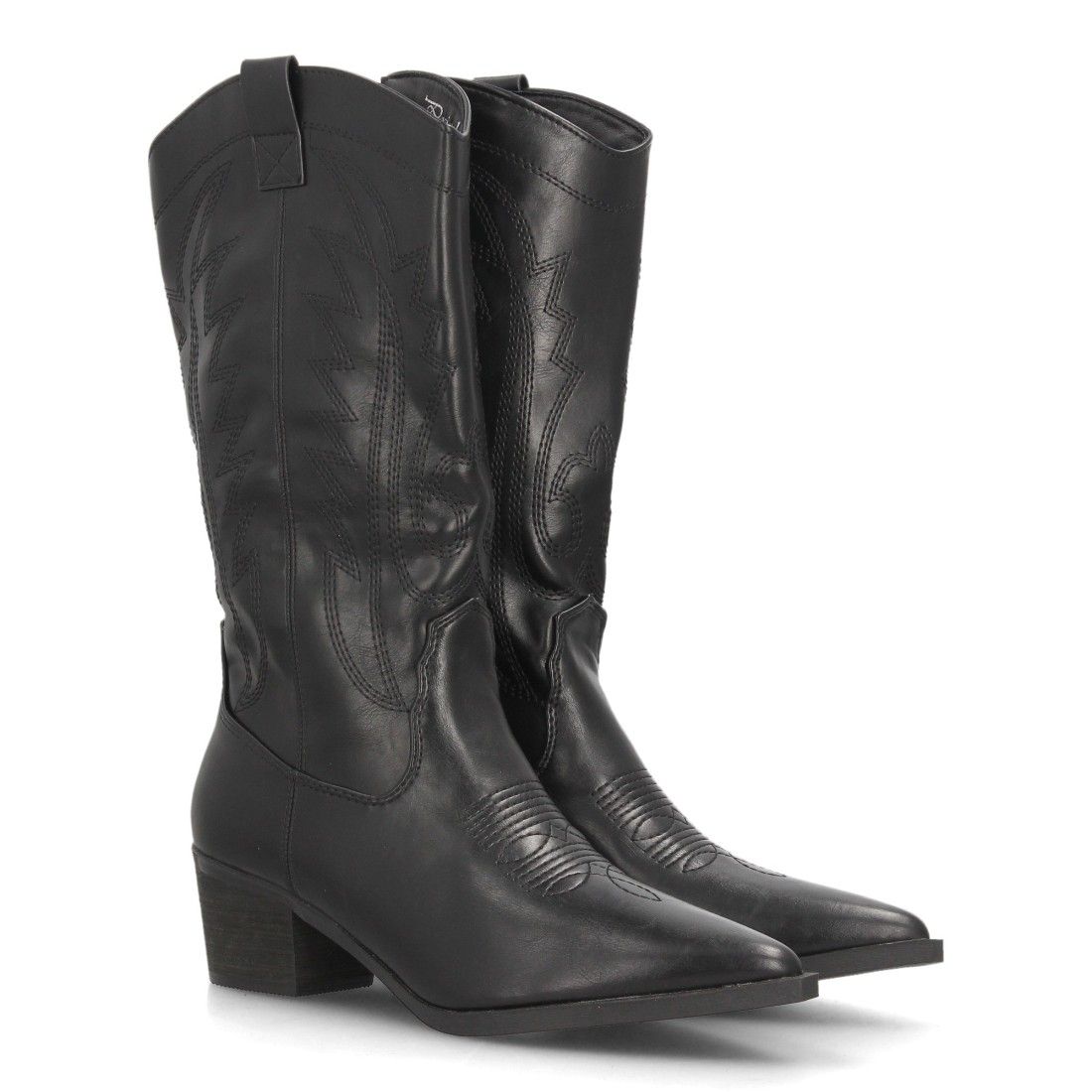 Botas camperas bordadas con tacón ancho para mujer caña alta — YG983 — Negro