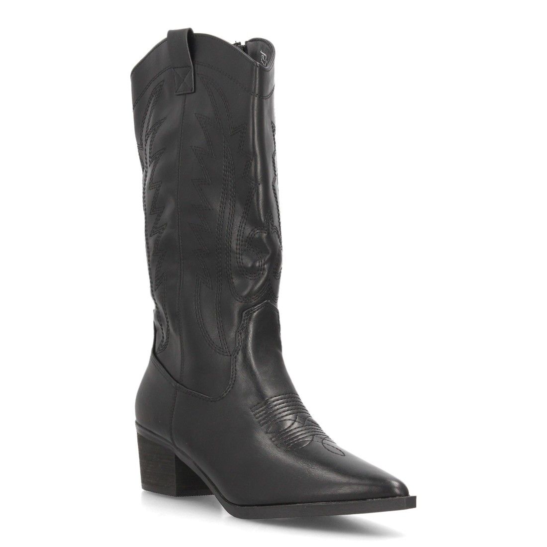 Botas camperas bordadas con tacón ancho para mujer caña alta — YG983 — Negro - Imagen 3