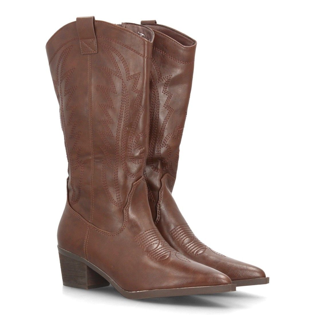 Botas camperas bordadas con tacón ancho para mujer caña alta — YG983 — Marrón