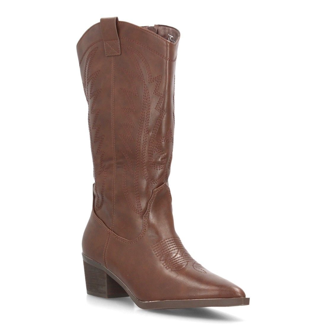 Botas camperas bordadas con tacón ancho para mujer caña alta — YG983 — Marrón - Imagen 3