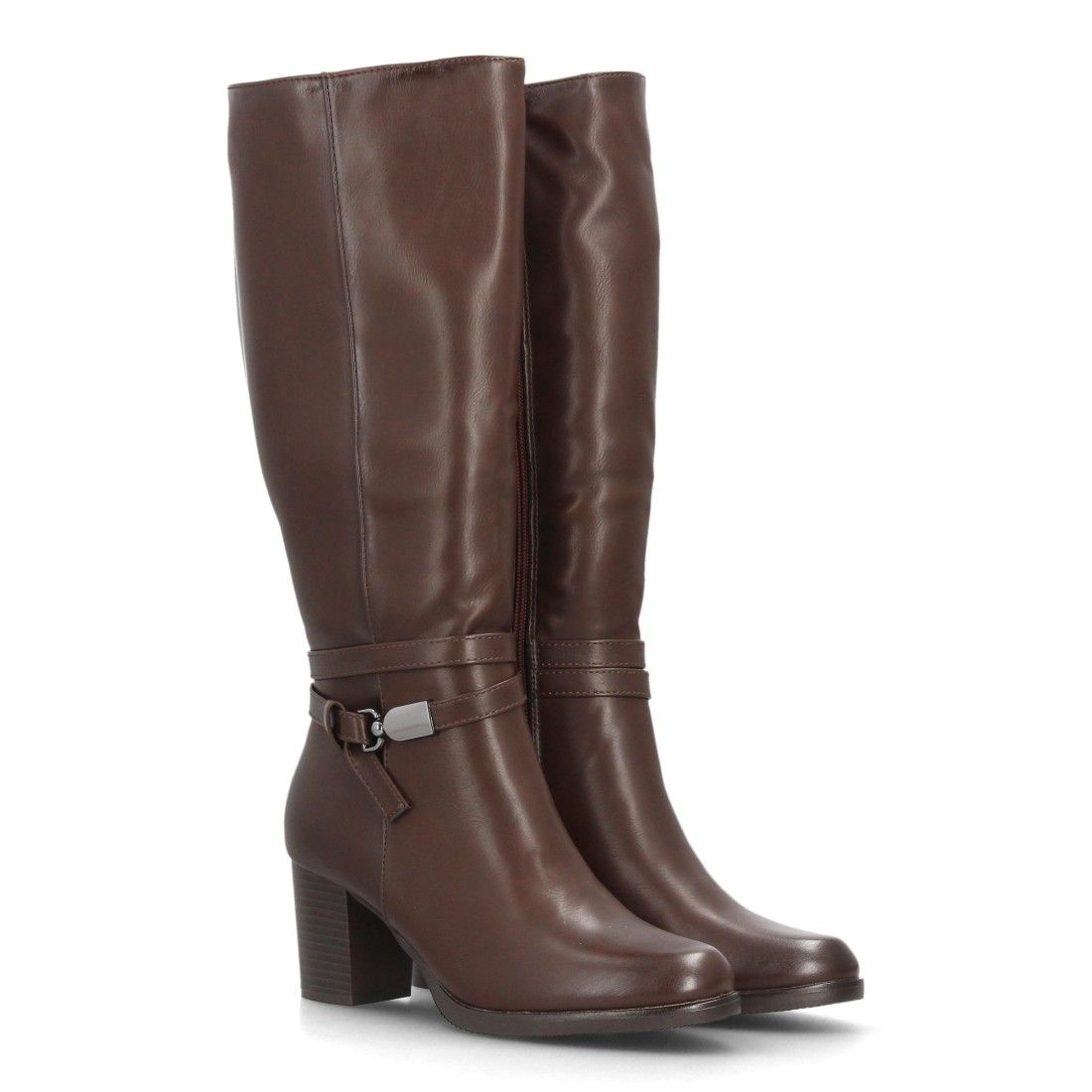 Botas altas elegantes con detalle metálico y tacón — 2607 — Marrón