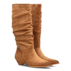 Botas altas fruncidos de tacón bajo para mujer — VR6-3386 — Camel