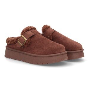 Zuecos con borreguito y plataforma gruesa para mujer — SL-793 — Marrón