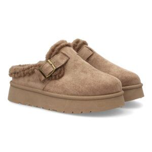 Zuecos con borreguito y plataforma gruesa para mujer — SL-793 — Kaki