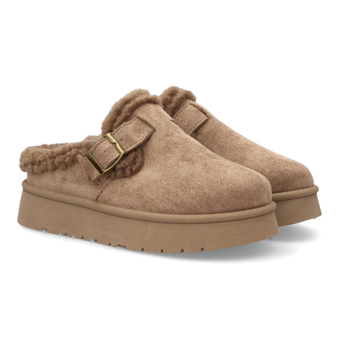 Zuecos con borreguito y plataforma gruesa para mujer — SL-793 — Kaki