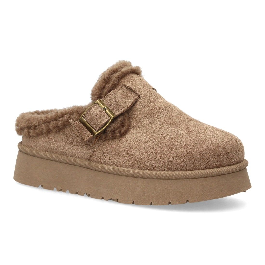 Zuecos con borreguito y plataforma gruesa para mujer — SL-793 — Kaki - Imagen 3
