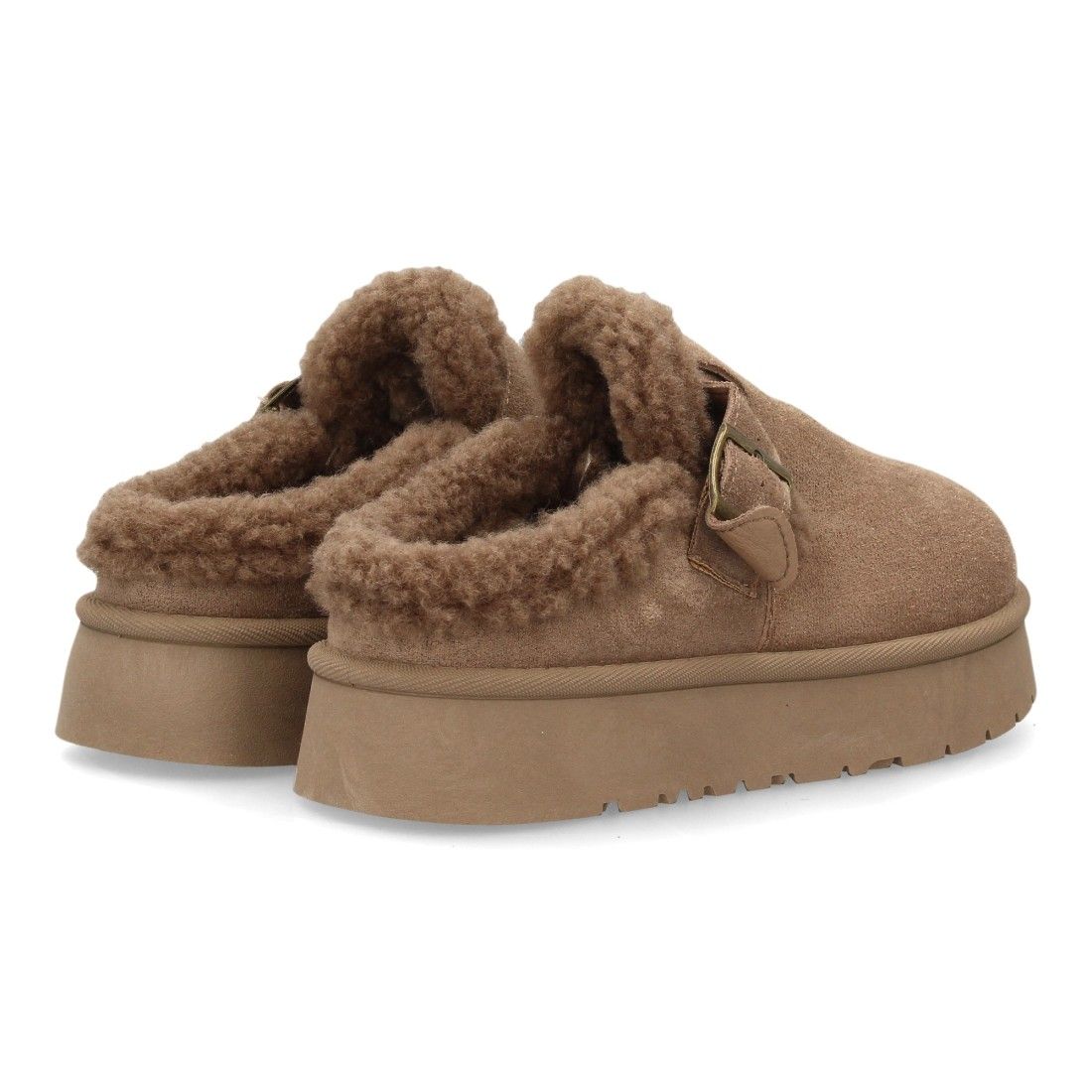 Zuecos con borreguito y plataforma gruesa para mujer — SL-793 — Kaki - Imagen 5